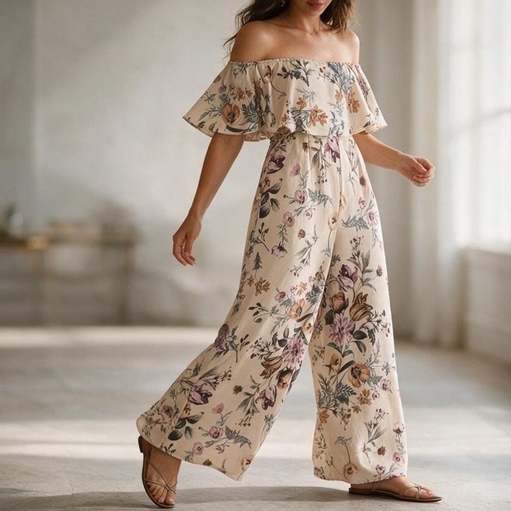 Boohoo Cottagecore Coquette Floral Off Shoulder Wide Leg Jumpsuit Beige 10